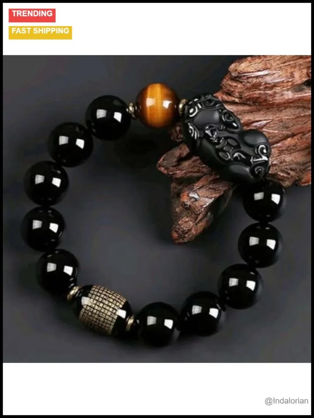 Black Obsidian Healing Crystal Bracelet with Pixiu and Tiger Eye Beads for